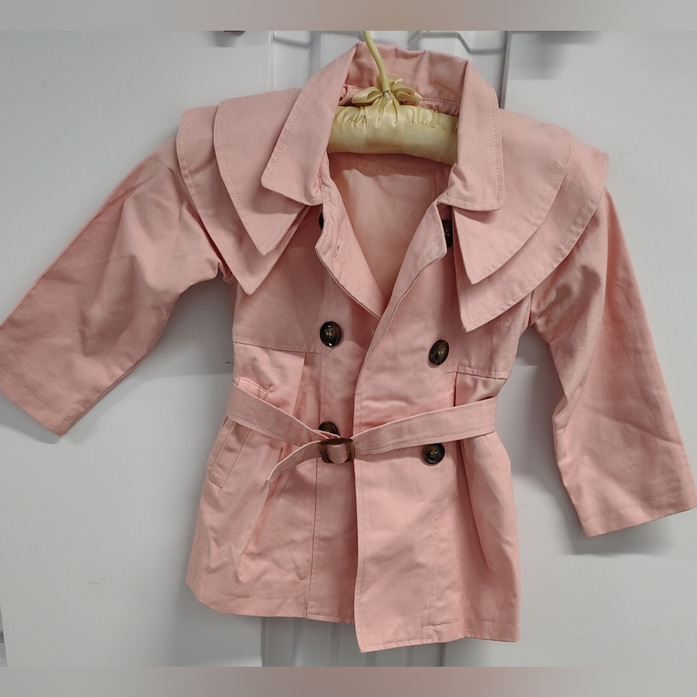 PINK DOUBLE BREASTED GIRL'S BELTED TRENCH COAT CUTE DOUBLE CAPE & COLLAR SZ 6-7